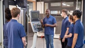 An image of a group of people around some technical equipment. A black man is explaining to the group how it works.