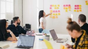 Photo of a group of people sat around a table with their laptops open. Stood up behind the table is a young asian woman wearing a white t shirt. She is pointing at a group of yellow, pink and orange post it notes that are placed up on the wall.