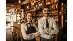 A man and woman are stood in front of a long wooden bar. there are tall bar stools, Edison lightbulbs and wine glasses in the background. The white man is stood confidently with his arms crossed in from of him. He is wearing a shirt and tie and a stripy apron folded down around his waist. He is smiling. He has a magnificent moustache, round glasses and a black button earring. The woman is also wearing a shirt and tie, and a full length black apron. She is folding her arms confidently. She has shoulder length brown hair, and is wearing gold hoop earrings.