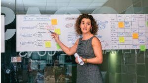 A white woman with brown curly hair is standing in front of several large sheets of paper attached to a glass wall. Each of the pieces of paper has different writing on it. The first one says project management, communication, development, completion. The second sheet has analysis, plan and quality written on it. The third is a hand drawn calendar with different activities on it. The woman is pointing at the paper with a pen and speaking to a room of people who are just visible in the reflection of the glass wall.