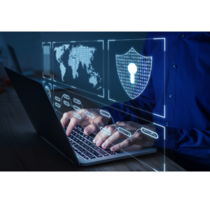 A photo of someone using a laptop. We can only see their hands typing on the keyboard. There are holographic symbols in front of the screen of a lock and a world map.